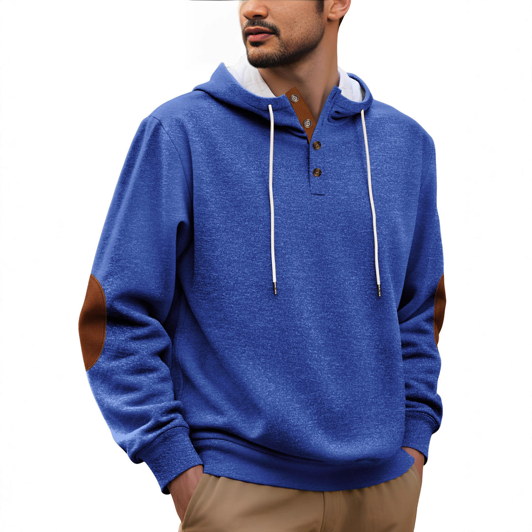 Men's hooded sweatshirt in a puristic leisure style with Henley button placket, contrasted hood interior, and elbow patches StylebySassy