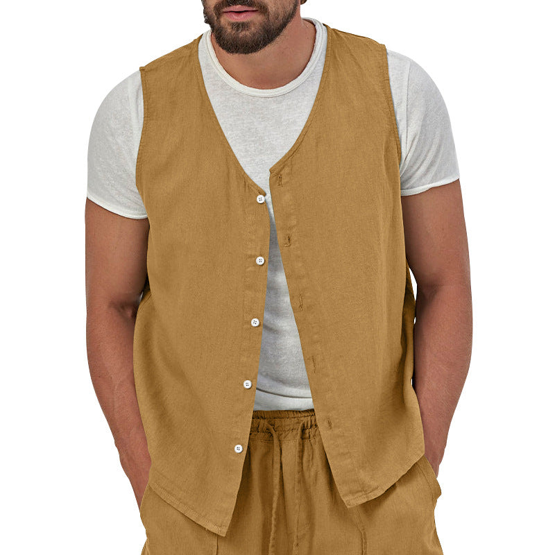 Men's casual sleeveless shirt waistcoat made of linen-cotton blend with V-neck and full button placket StylebySassy