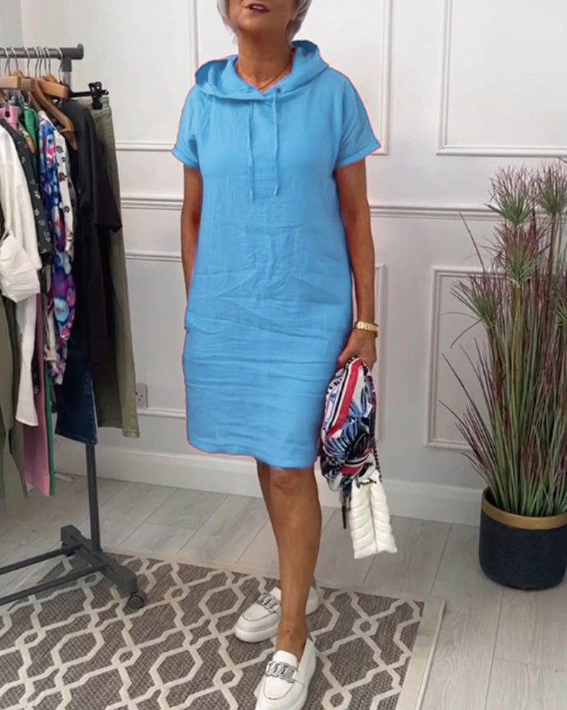 Women's casual hooded midi dress with short sleeves and straight relaxed fit StylebySassy