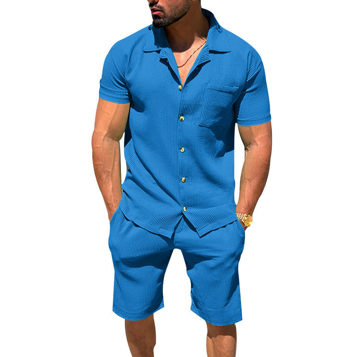 Men's casual two-piece leisure set made of ribbed jersey with shirt collar button placket and shorts StylebySassy