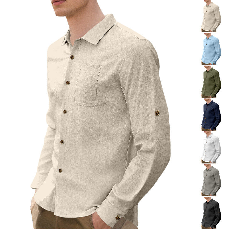 Men's breathable structured business shirt with breast pocket wooden button placket and ergonomic shoulder fit StylebySassy