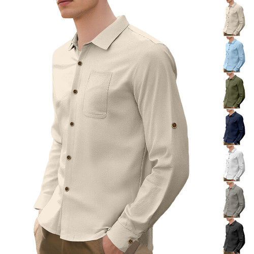 Men's breathable structured business shirt with breast pocket wooden button placket and ergonomic shoulder fit StylebySassy