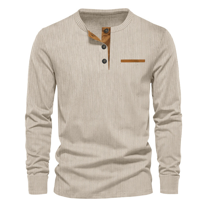 Men's long sleeve Henley with fine rib structure, slim silhouette, and chest piping StylebySassy