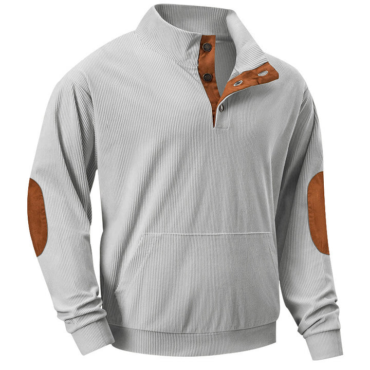 Men's knitted stand-up collar sweatshirt with button placket, kangaroo pocket and velvet elbow patches StylebySassy