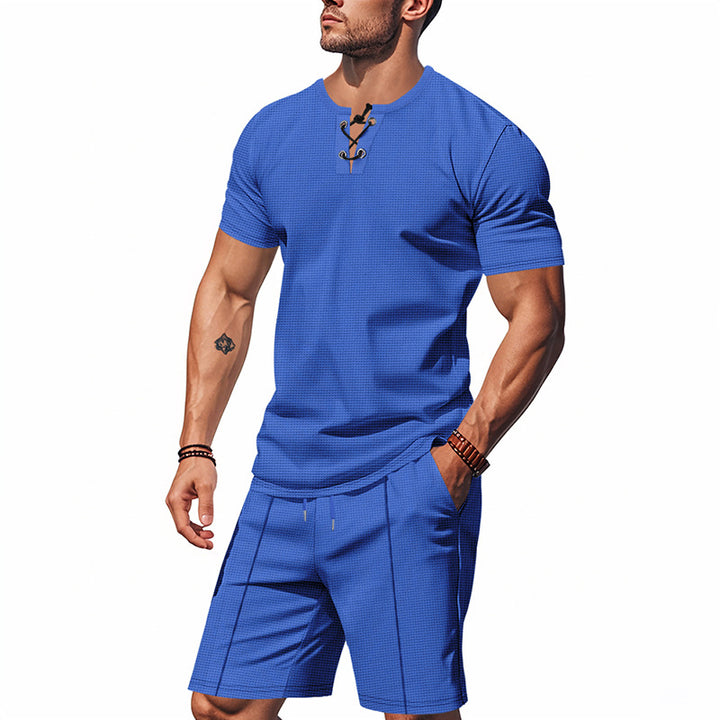Men's short-sleeved lace-up collar shirt in waffle jersey with pleated Bermuda StylebySassy