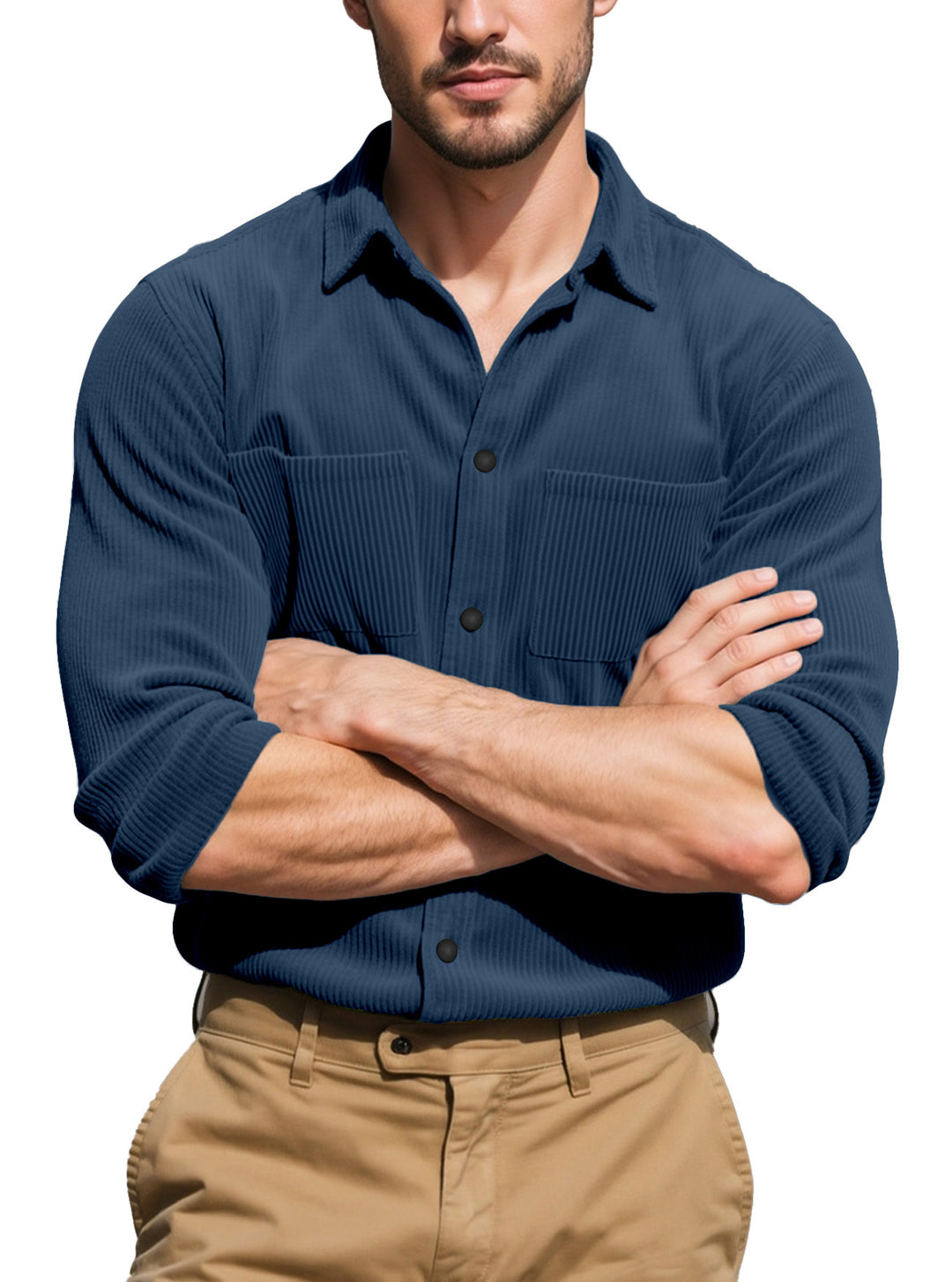 Men's padded corduroy overshirt jacket with visible button placket and chest welt pockets StylebySassy