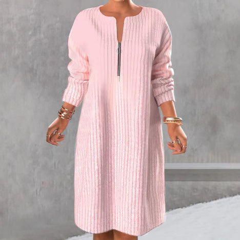 Women’s knitted ribbed tunic dress with half zip and casual A-line StylebySassy