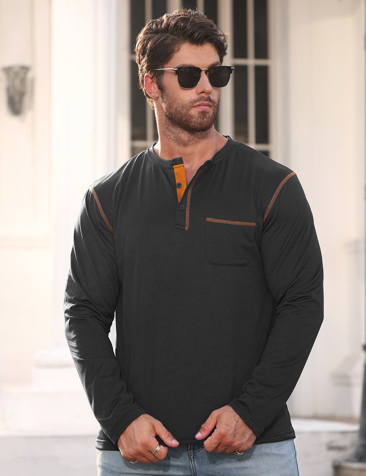Men's Long Sleeve Shirt with Short Button Placket, Chest Pocket and Contrasting Decorative Stitching StylebySassy