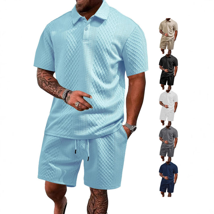 Men's embossed waffle polo with Kent collar and elastic drawstring shorts set StylebySassy