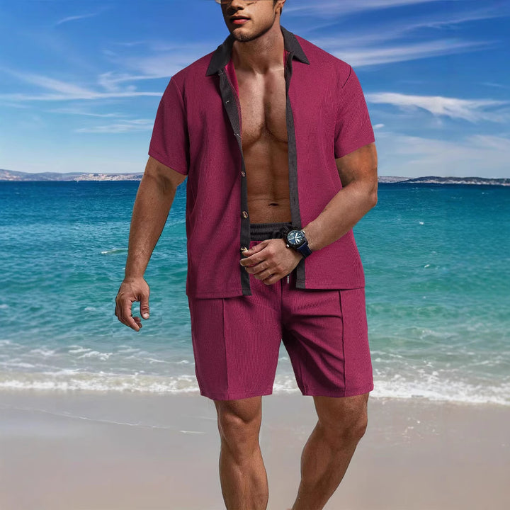 Men's modern leisure set made of fine textured jersey with shirt collar button placket and drawstring shorts StylebySassy