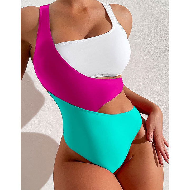 Women's one-piece swimsuit with asymmetric design and colorful contrast areas StylebySassy