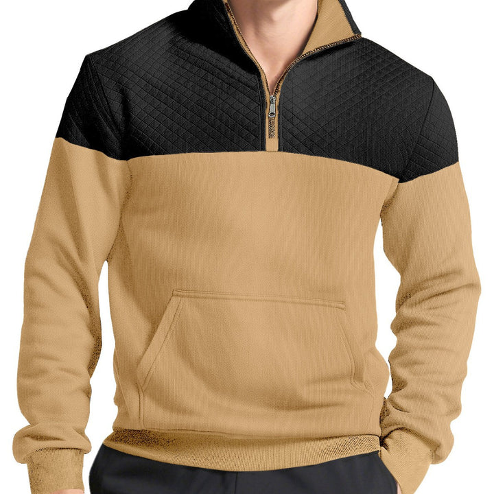 Men's half-zip sweatshirt with quilted shoulder area, kangaroo pocket, and ribbed cuffs StylebySassy