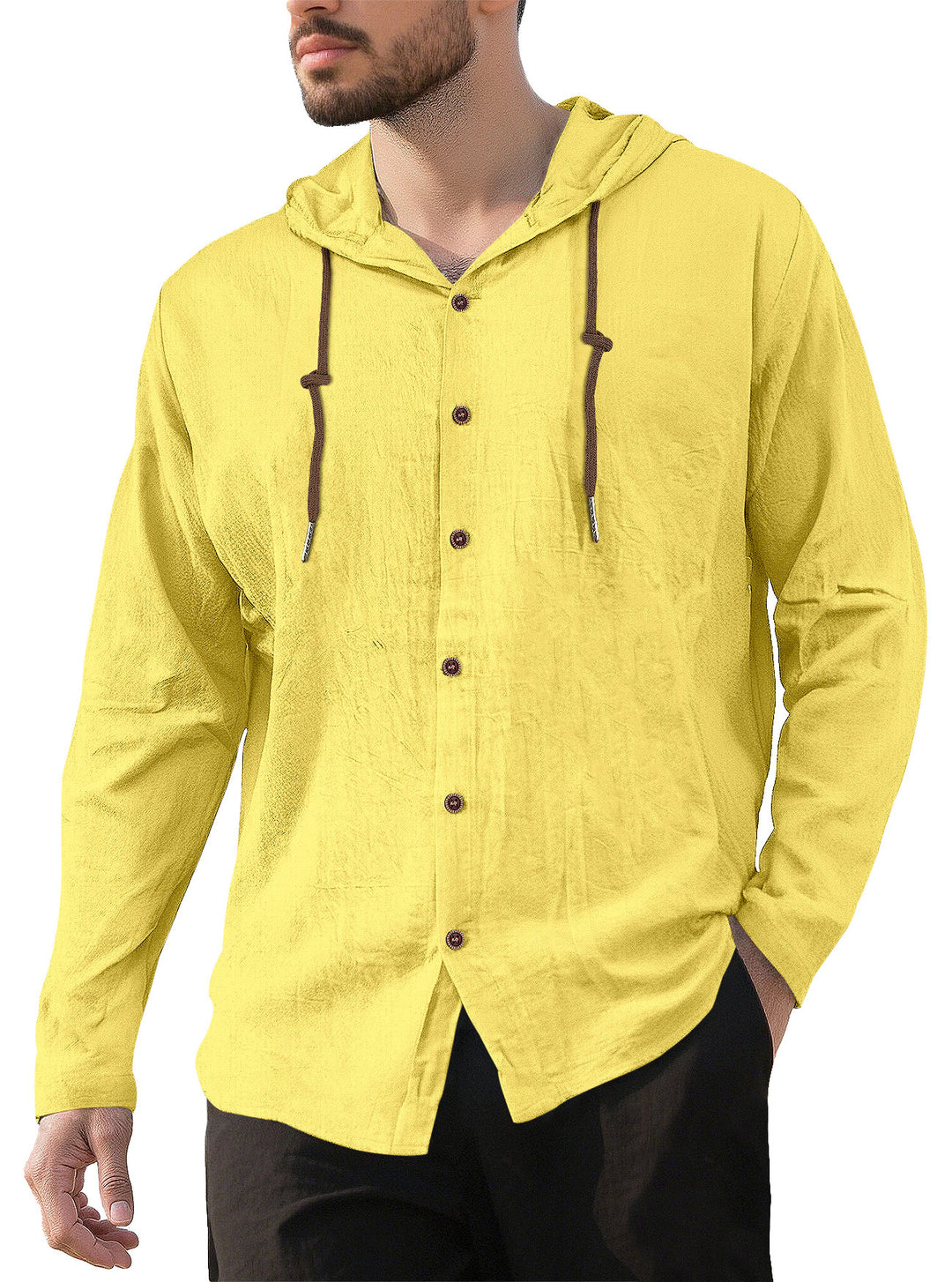 Men's textured linen blend hooded shirt with button placket, wood buttons, and side slits StylebySassy