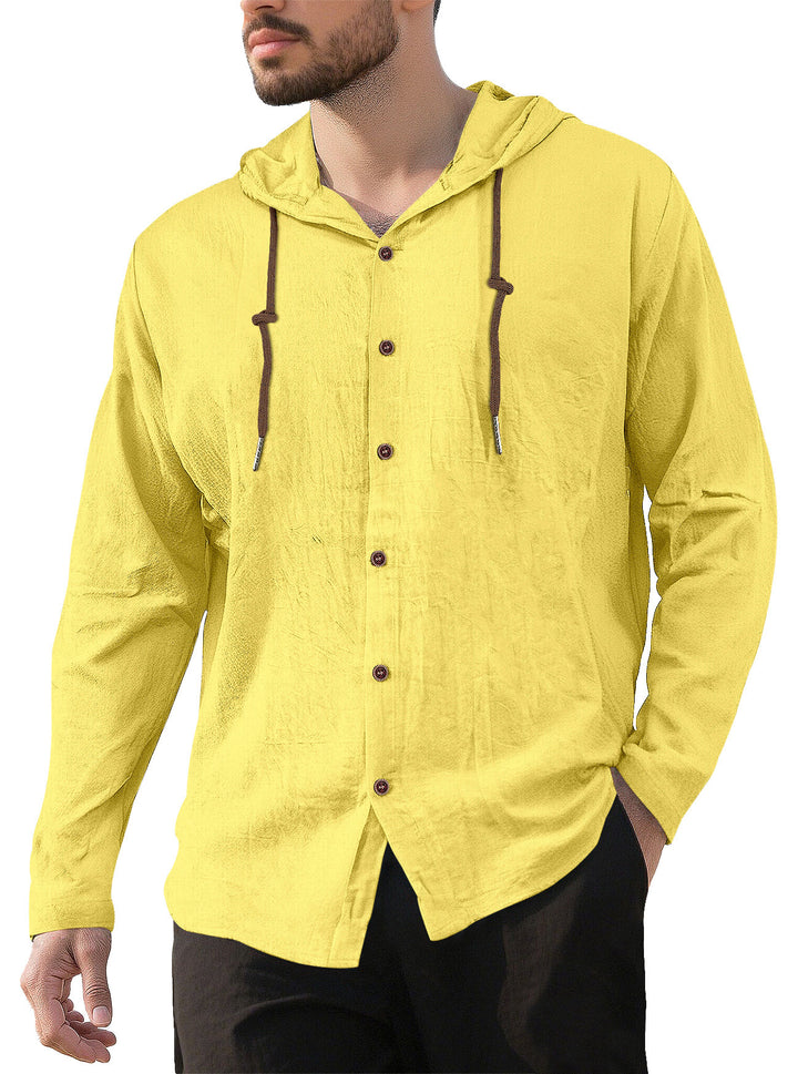 Men's textured linen blend hooded shirt with button placket, wood buttons, and side slits StylebySassy