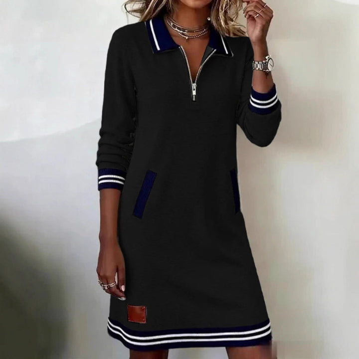 Women’s sporty-elegant sweatshirt dress with polo collar, half-length zipper, elastic contrast cuffs, and side pockets StylebySassy