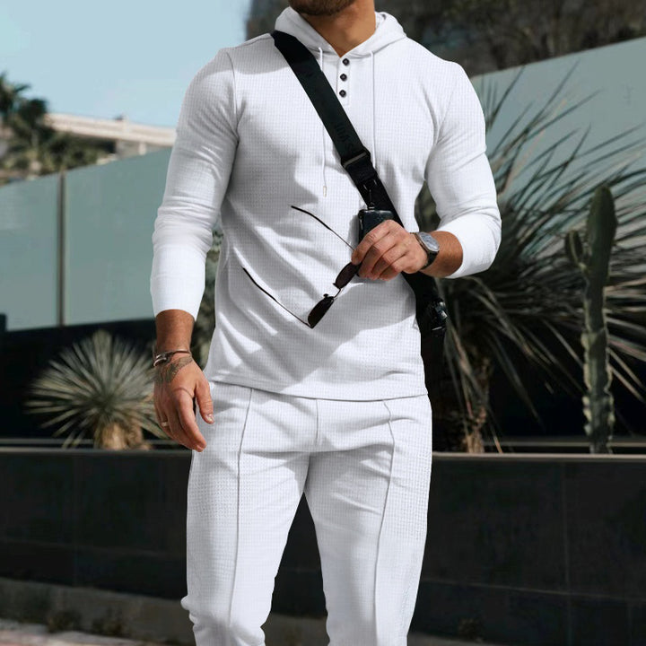 Men's fitted hooded button placket set made of textured stretch jersey with slim chino jogger StylebySassy