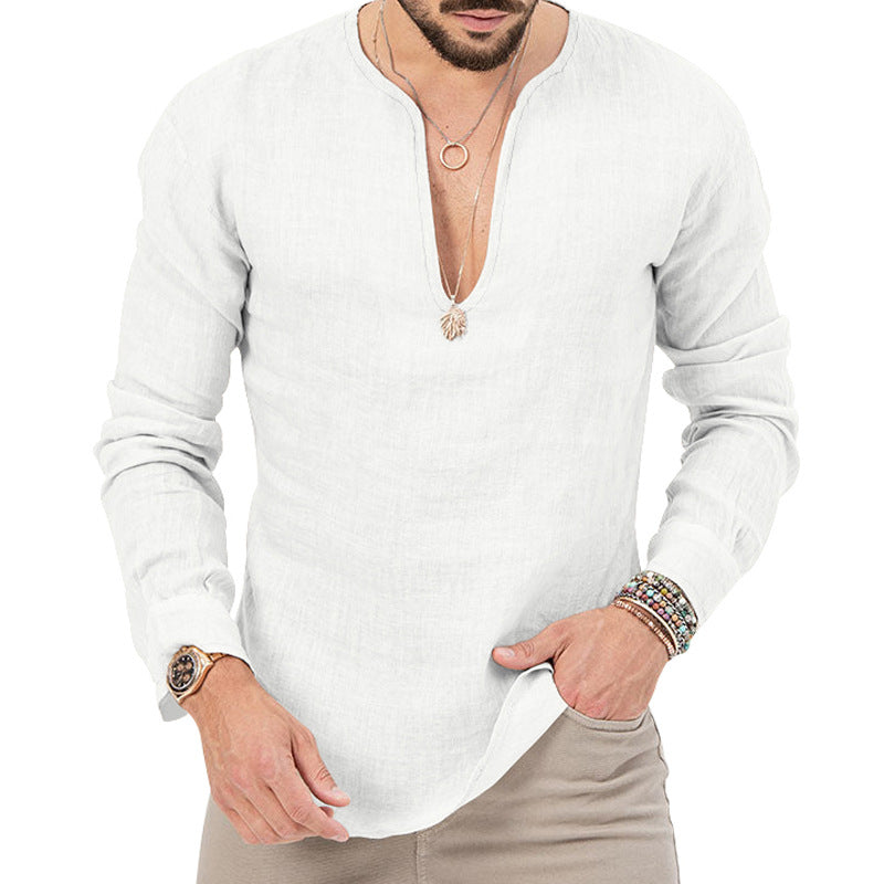 Men's relaxed linen tunic shirt with open slit collar and rounded hem StylebySassy