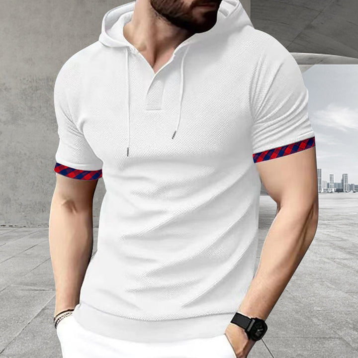 Men's slim fit short sleeve hooded shirt in polo style with Henley neckline and checkered sleeve cuff StylebySassy