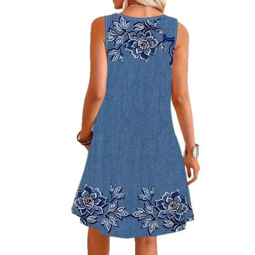 Women sleeveless denim dress with floral embroidery application, full button placket and patch pockets StylebySassy