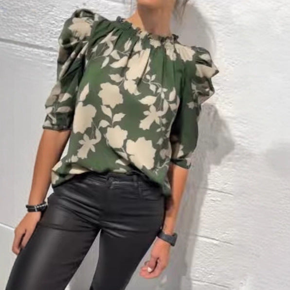 Women's wide-cut slip blouse with smocked ruffle collar and elbow-length puff sleeves StylebySassy