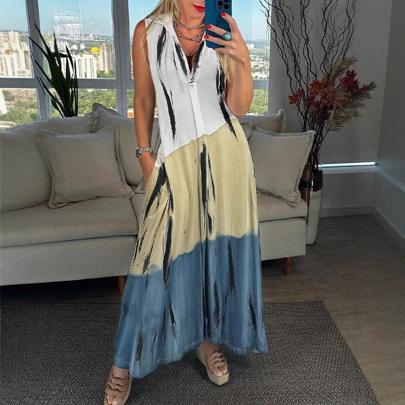 Women's sleeveless long dress with shirt collar, side insertion pockets, and brush stripe pattern StylebySassy