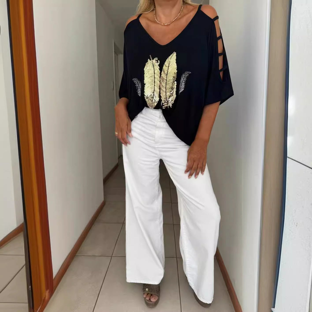 Ladies loose-fitting blouse shirt off-shoulder design with sequin-feather application and split sleeves StylebySassy