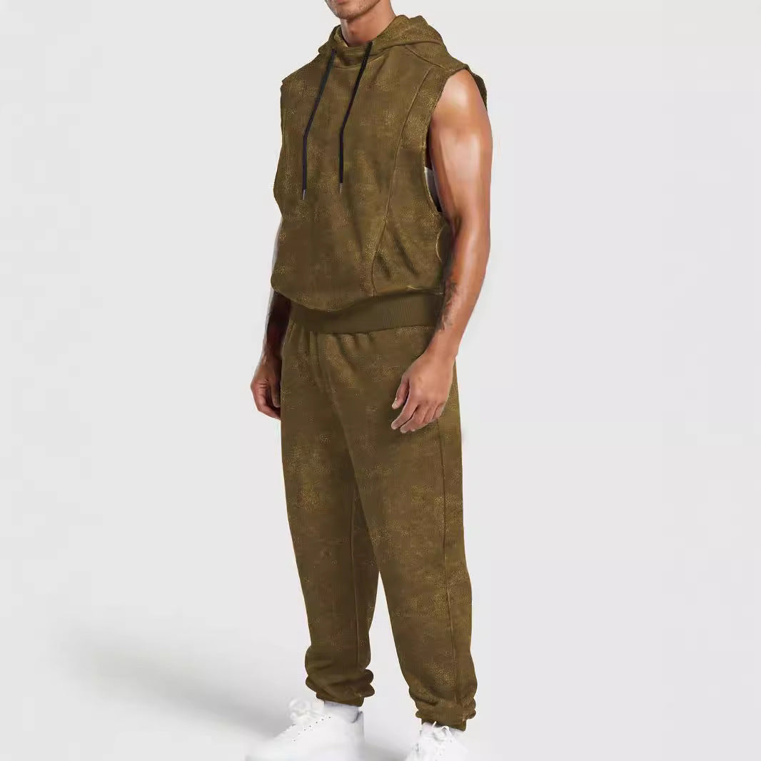 Men's sleeveless hooded sweat set in velour look with elastic joggers and ribbed cuffs StylebySassy