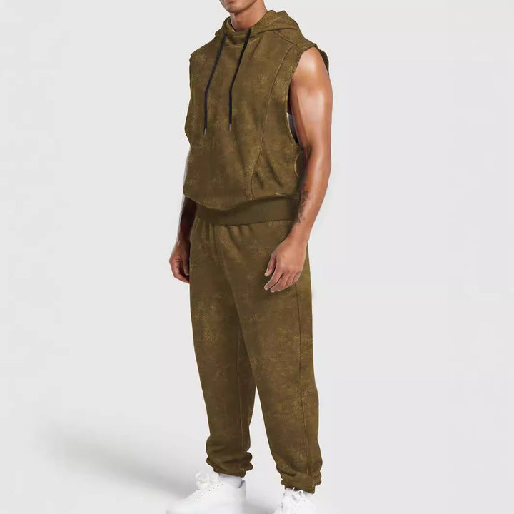 Men's sleeveless hooded sweat set in velour look with elastic joggers and ribbed cuffs StylebySassy