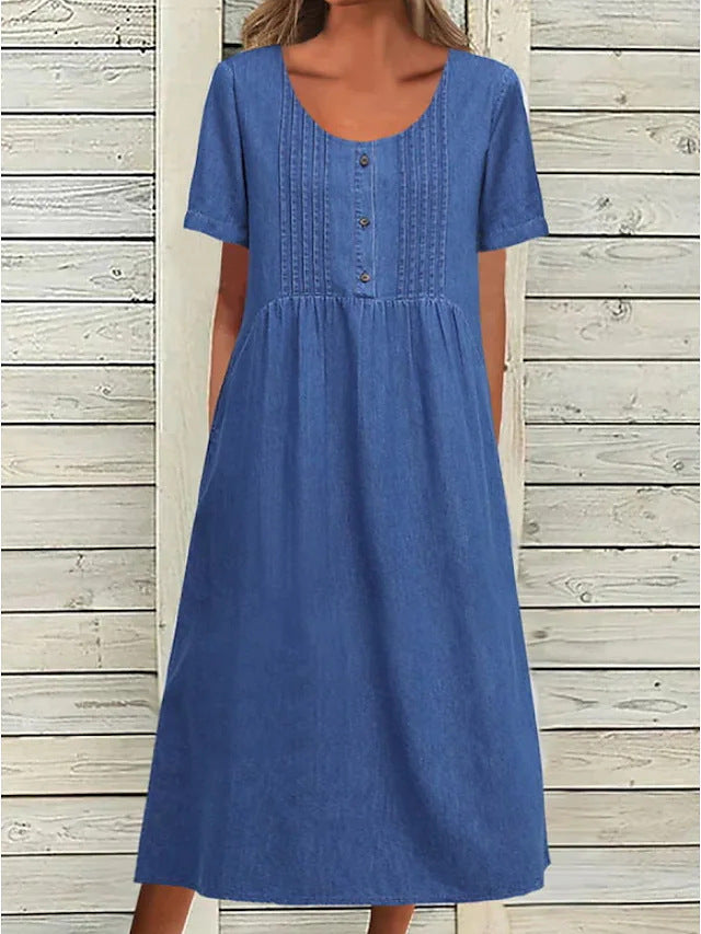 Ladies' knee-length dress in denim look with round neckline, chest piping and side inset pockets StylebySassy
