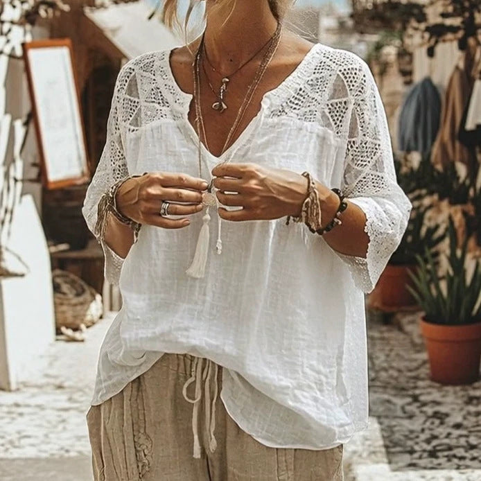 Women's locker-cut tunic with V-neck, crocheted yoke and elbow-length lace sleeves StylebySassy