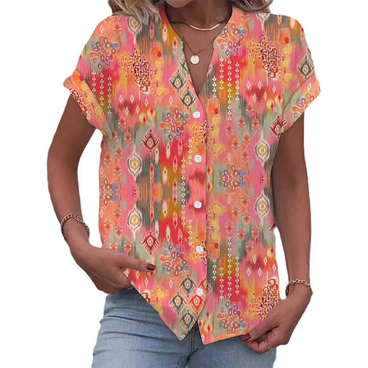 Women's casual short-sleeve blouse with V-neck, button placket and folk all-over print StylebySassy