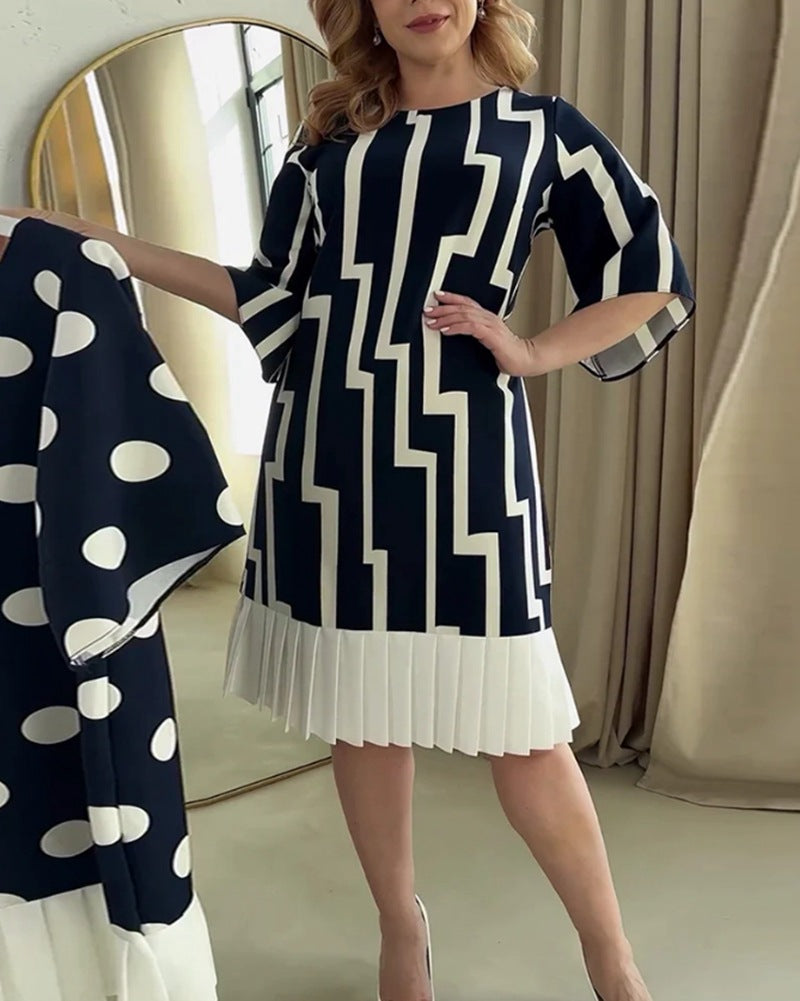 Women nan graphic A-line dress with pleated hem and three-quarter sleeves StylebySassy