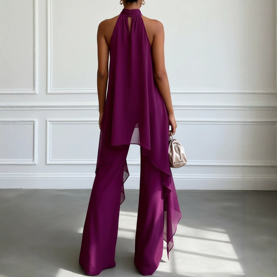 Ladies' elegant evening two-piece with gathered stand collar, asymmetrical ruffle, and flowing flared trousers StylebySassy