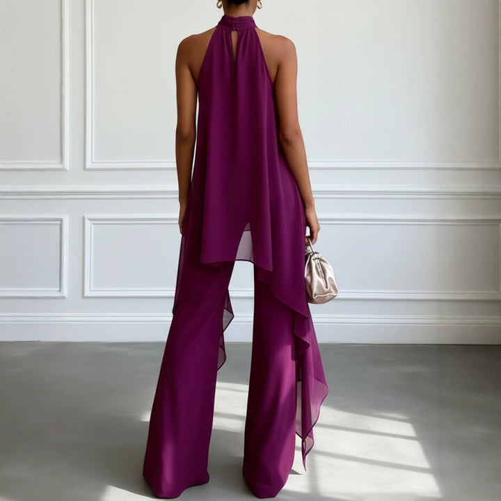 Ladies' elegant evening two-piece with gathered stand collar, asymmetrical ruffle, and flowing flared trousers StylebySassy