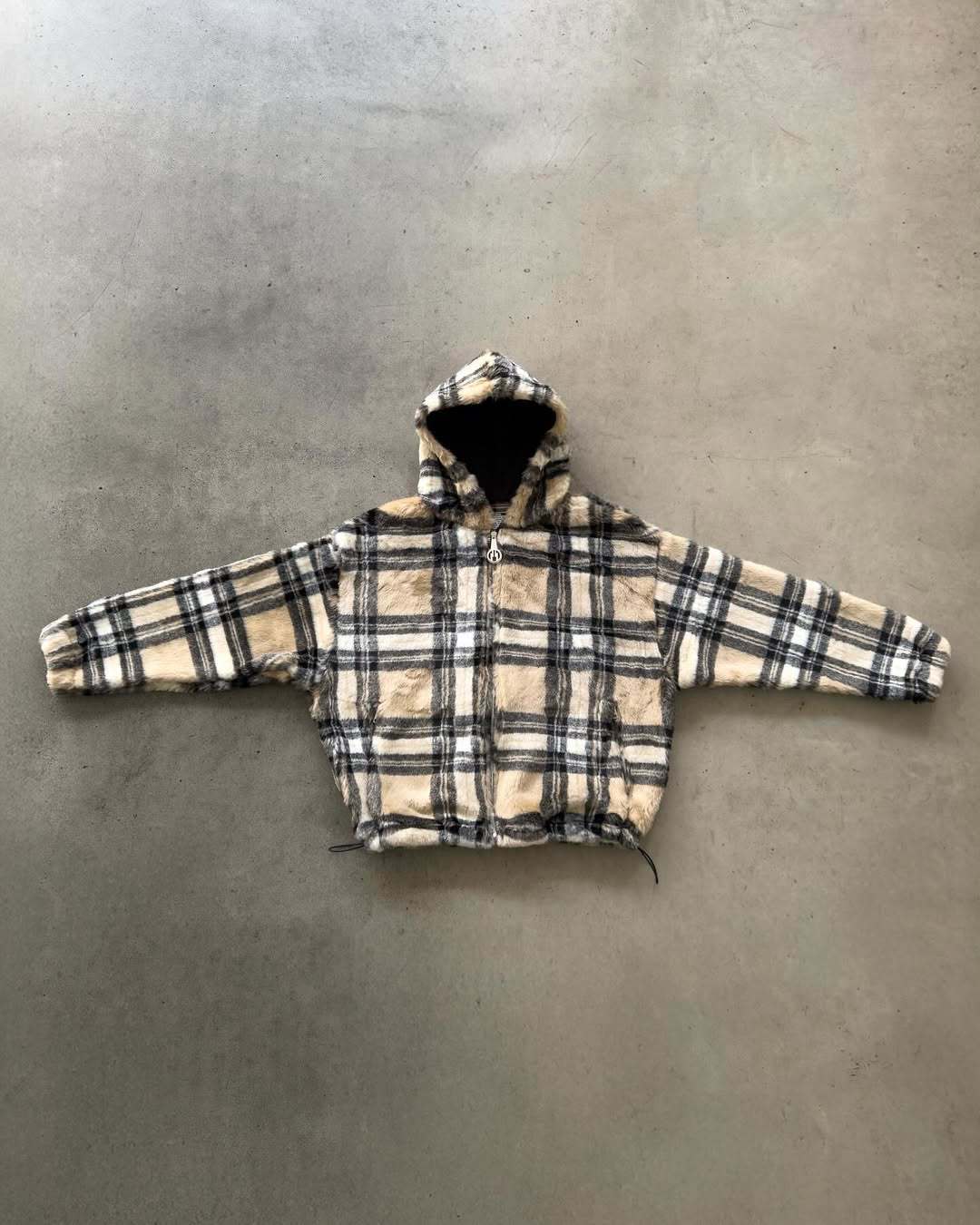 Unisex non-padded plaid fleece bomber jacket with hood drawstring and zippered pockets StylebySassy