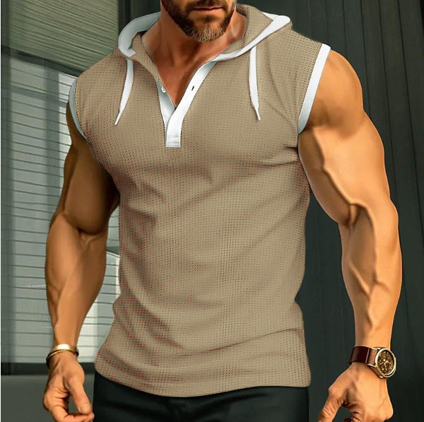 Men's sleeveless hooded sports shirt with mesh structure and V-neck StylebySassy