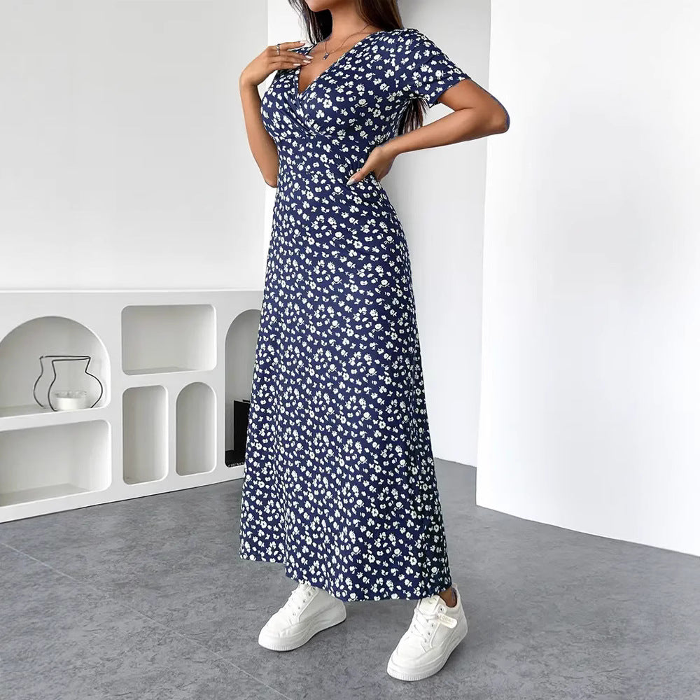 Women nan tailored V-neck wrap maxi dress made of viscose jersey with short sleeves and A-line hem StylebySassy
