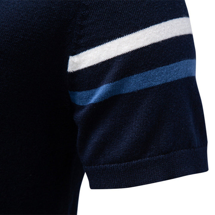 Men's fine cotton knit shirt with round neckline, short sleeves and contrasting sleeve stripes StylebySassy