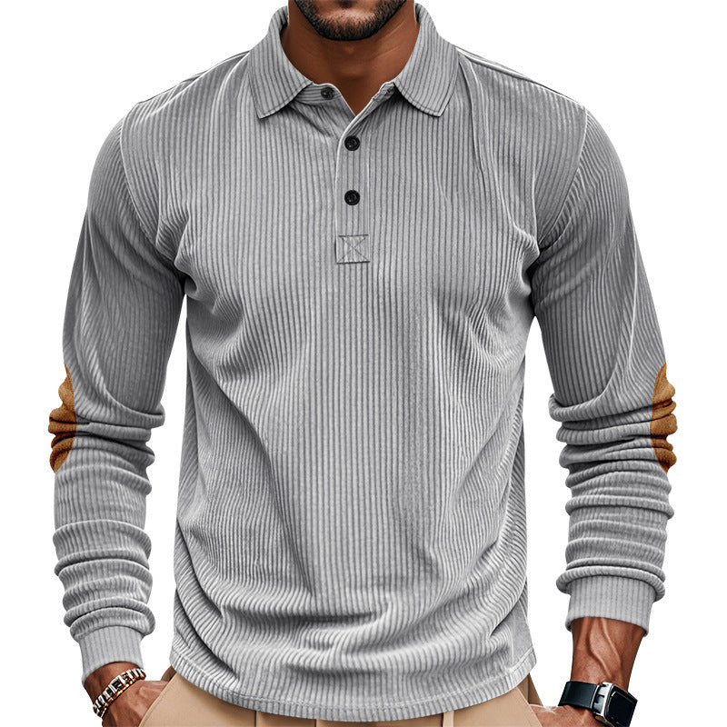 Men's heavy ribbed cotton polo sweater with Kent collar, triple button placket, and suede elbow patches StylebySassy