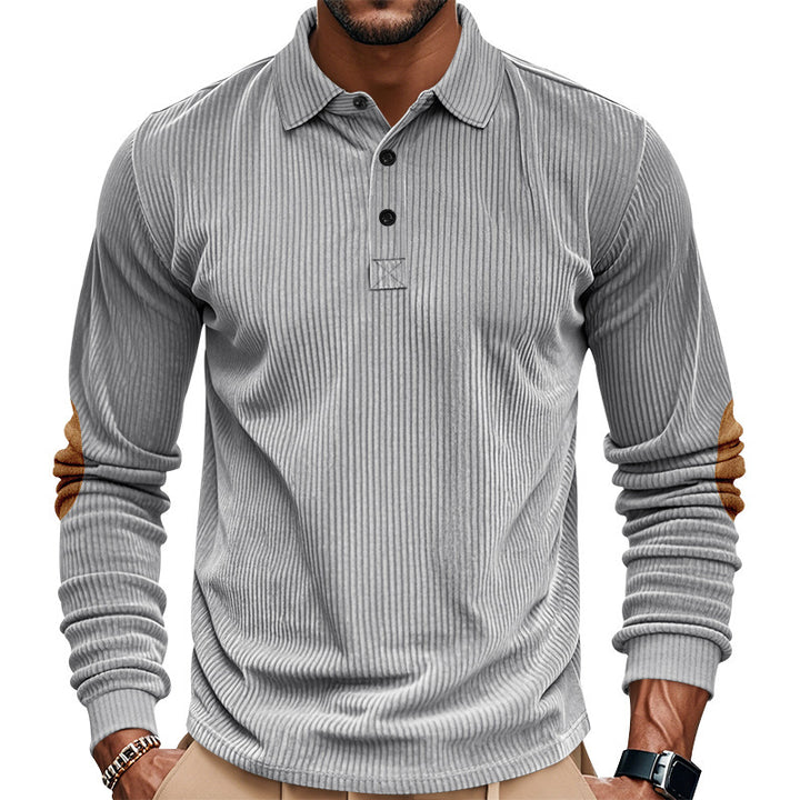 Men's heavy ribbed cotton polo sweater with Kent collar, triple button placket, and suede elbow patches StylebySassy