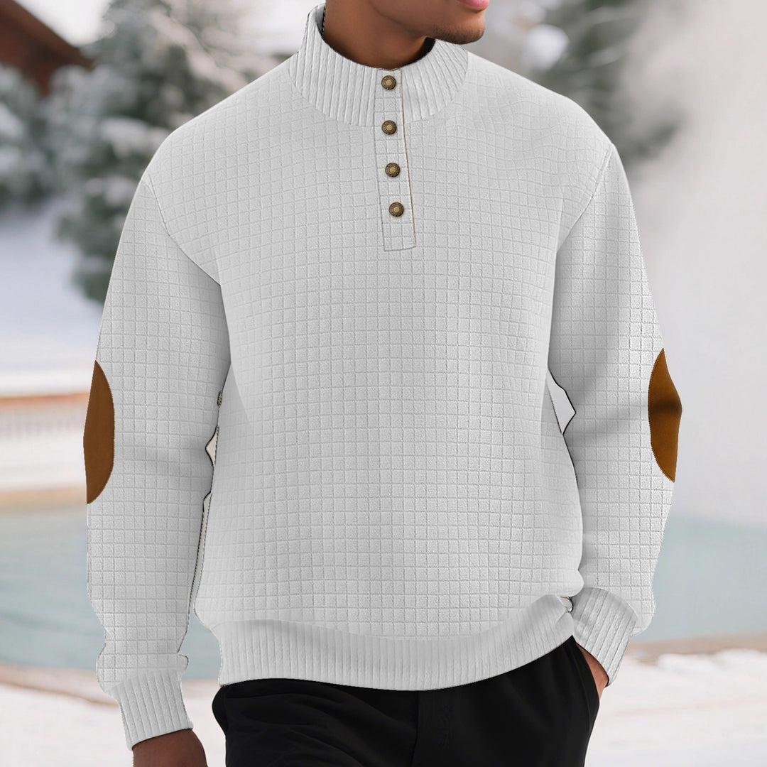 Men's plaid quilted sweatshirt with Henley placket, high stand-up collar, and velour elbow patches StylebySassy