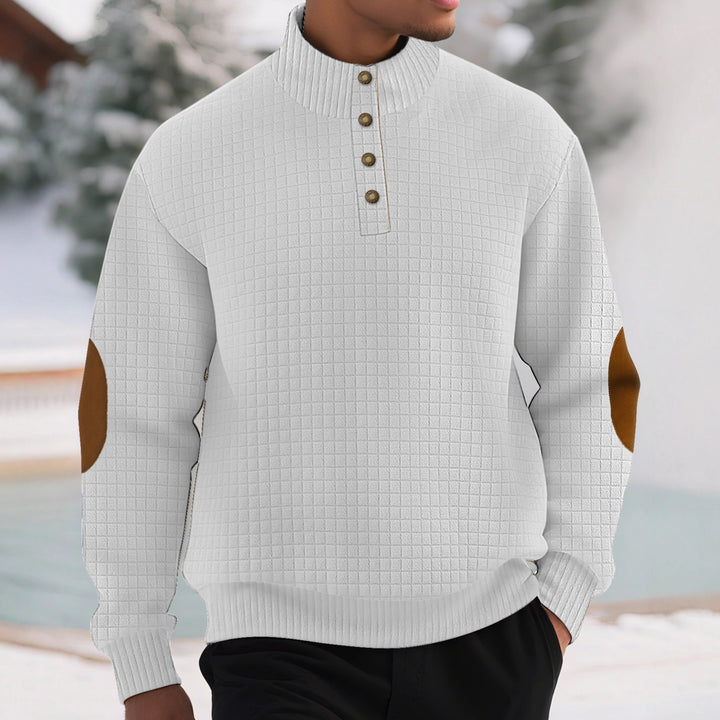 Men's plaid quilted sweatshirt with Henley placket, high stand-up collar, and velour elbow patches StylebySassy