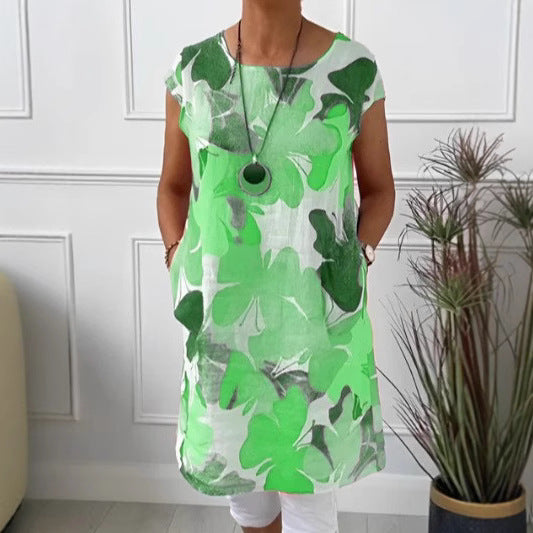 Ladies' airy tunic midi dress made of linen blend with watercolor flower print and side pockets StylebySassy