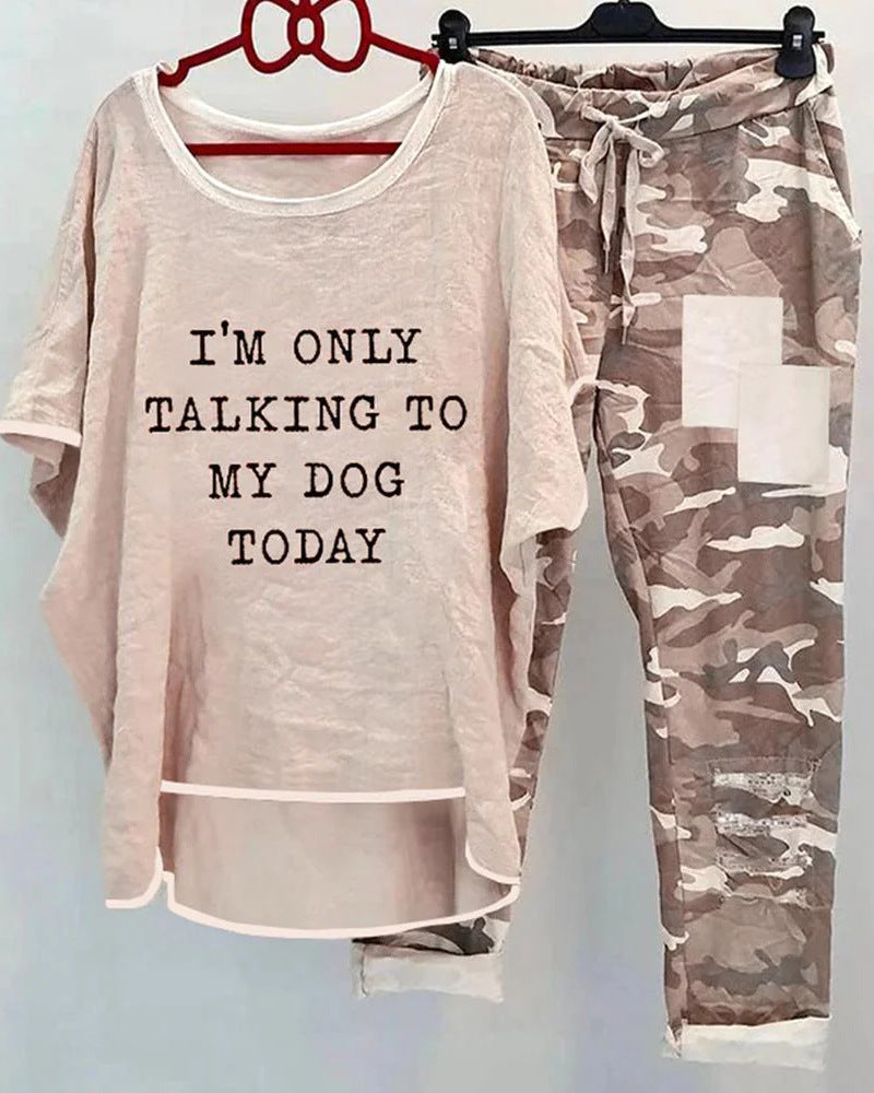 Women casual wide set with slogan print, loosely cut long shirt and camouflage joggers StylebySassy