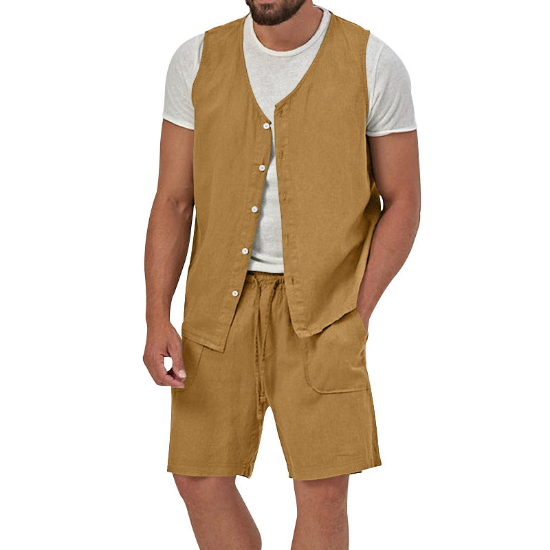 Men's two-piece leisure set with sleeveless button vest and wide drawstring shorts with patch pockets StylebySassy