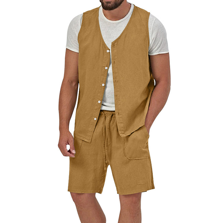 Men's two-piece leisure set with sleeveless button vest and wide drawstring shorts with patch pockets StylebySassy