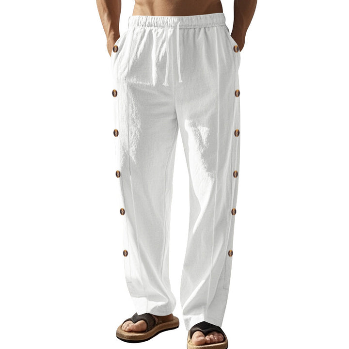Men's casual beach pants with side button placket, elastic drawstring waistband, and wide leg StylebySassy