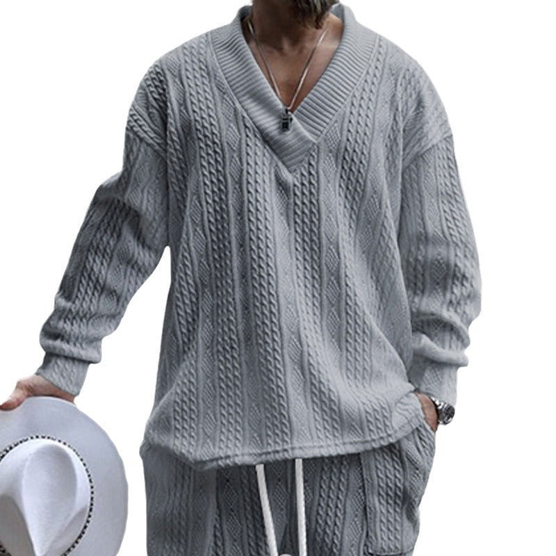 Men's cable knit set with deep V-neck and drawstring joggers StylebySassy