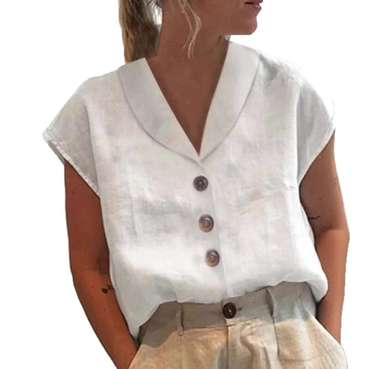 Women's airy linen blouse with wide V-neck, dropped shoulder and decorative button placket StylebySassy