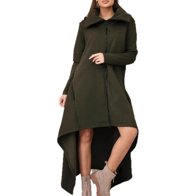 Women's nan asymmetrical sweatshirt dress with high stand-up collar, full-length zipper and extended back hem StylebySassy